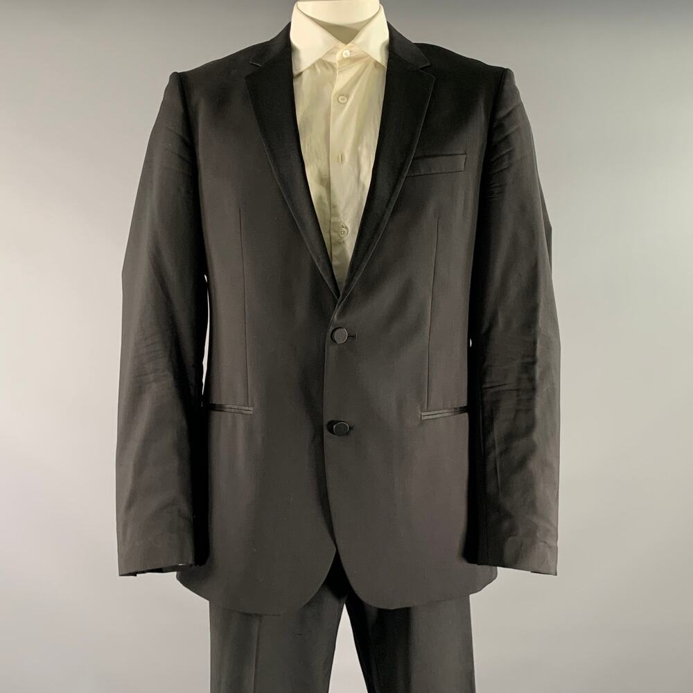 HUGO BOSS Chest Size 44 Black Solid Viscose Notch Lapel 38 34 Tuxedo